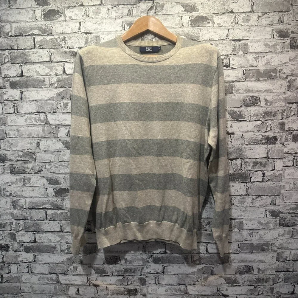 EUC J.Crew Cotton Gray Heathered Strip Long Sleeve Pullover Sweater Size Medium